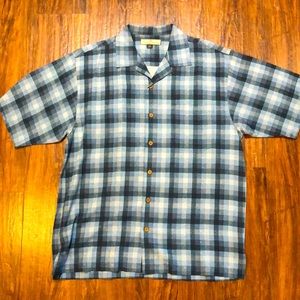 Tommy Bahama mens M Medium 100% silk blue plaid Hawaiian button up shirt EUC